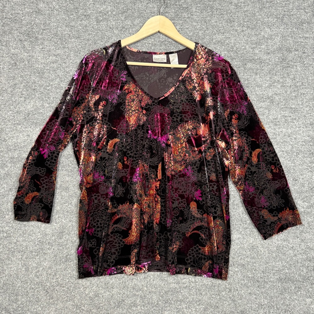 Chico's Size 3 US XL Top Blouse Purple Nylon Blend Whimsygoth Dark Fairy Velvet